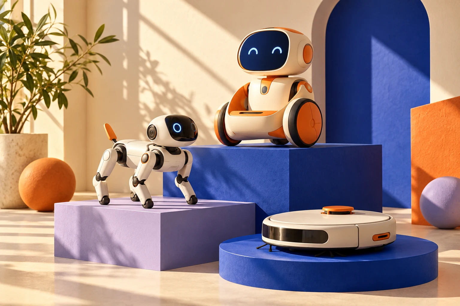 Concept illustration of cheerful robots on colorful display platforms